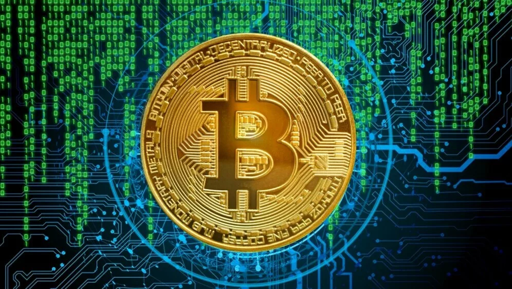 Simbol kriptovalute Bitcoin i pozadina s burze